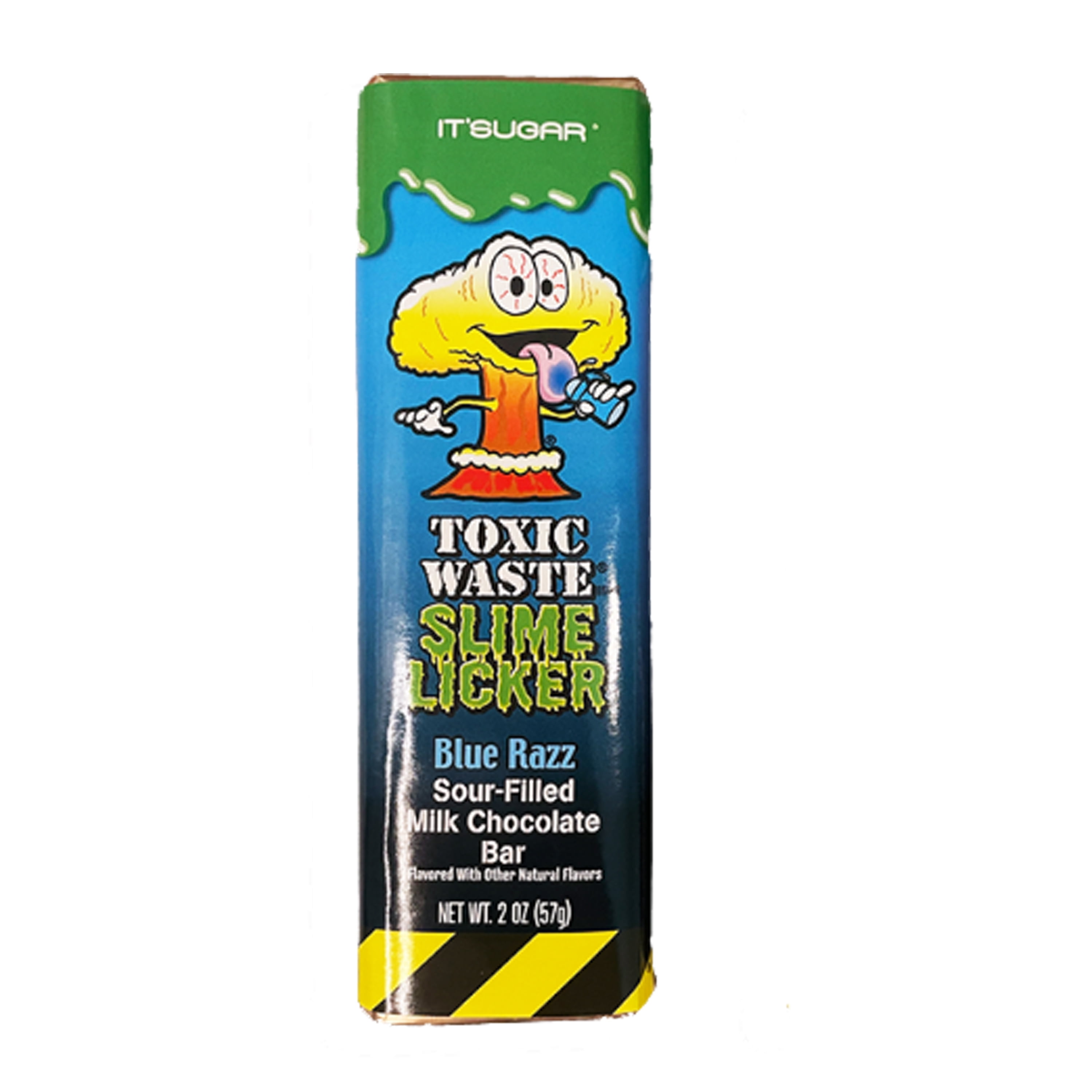 Toxic Waste Slime Licker Chocolate Bar, Blue Razz, Sour Candy, 1.75 oz., Contains: Milk and Soy.