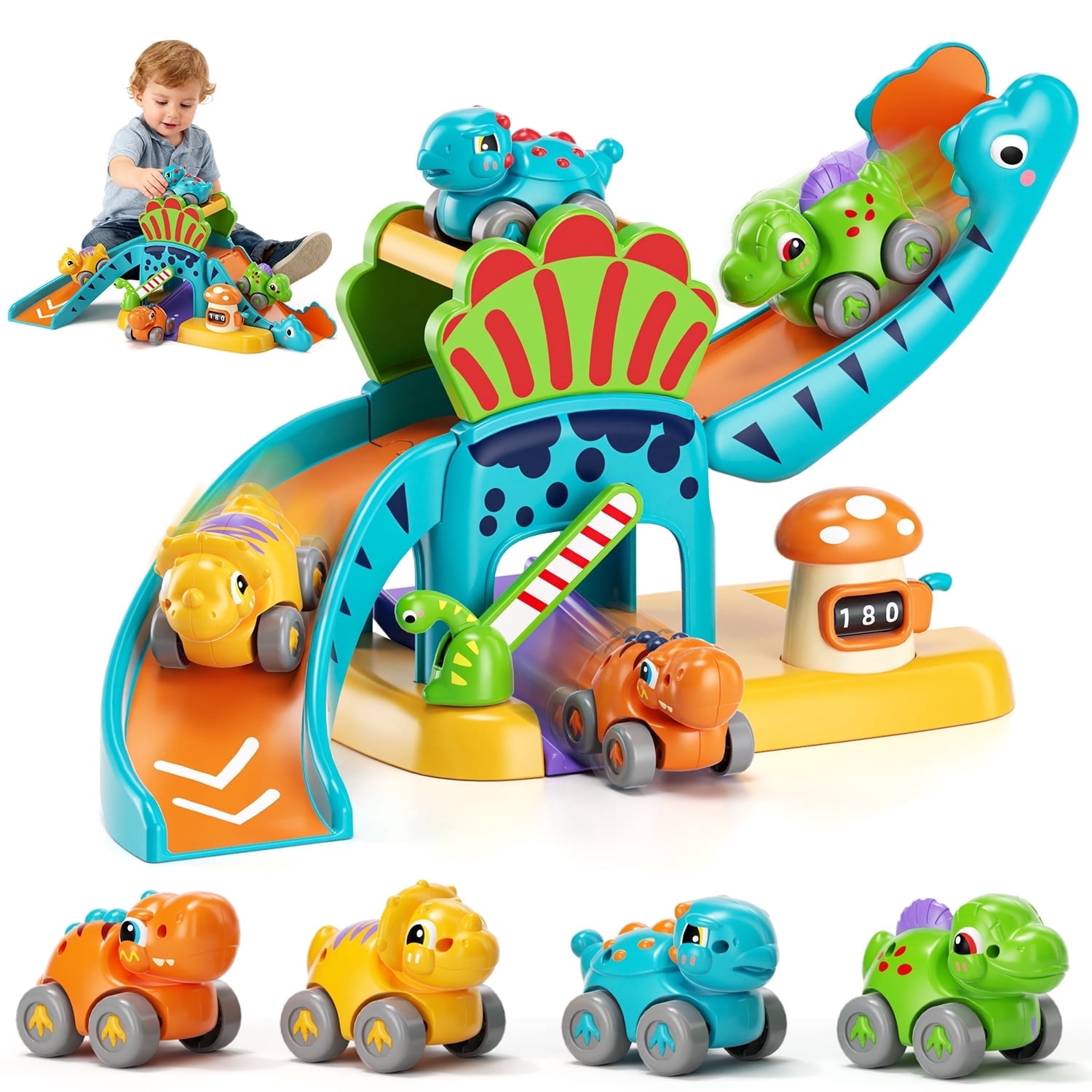 Toy for 1 Year Old, Toy Car for Boys, Dinosaur Toy Car, 5 in 1 Dinosaur Slide & Parking with 4 Push and Go Toy Cars, Educational Toy for Toddler 1 2 3 Year Old Boys Girls Birthday Gift