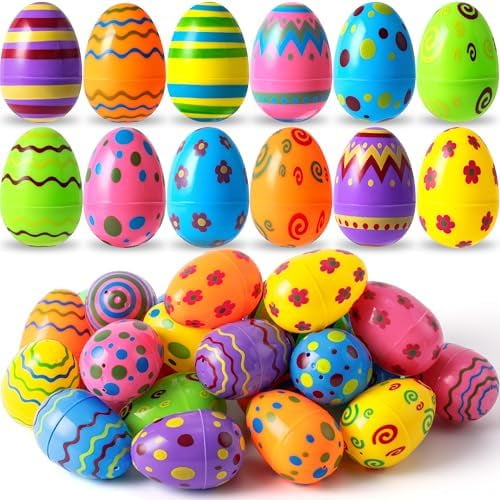 Toy 18 PCs Plastic Printed Bright Easter Eggs, Over 3.15'' Tall Fillable Empty Eggs Bulks for Easter Hunt, Basket Stuffers Fillers, Classroom Prize Supplies, Filling Treats and Party Favor