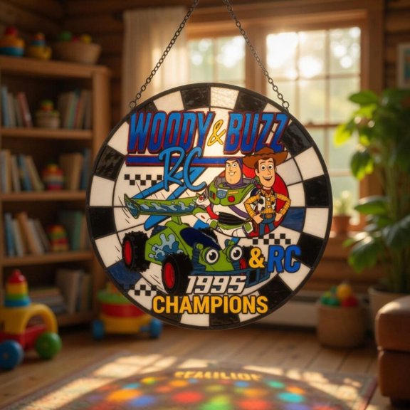 Toy Adventure Cowboy Hero and RC Racing 1995 Champions Suncatcher, Toy Adventure Suncatcher Stained Glass, Fairytale Park Window Hanging, Space Ranger Cowboy Hero Fan Gift