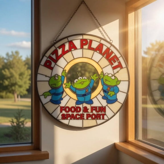 Toy Adventure Space Aliens Suncatcher, Retro Space Pizza Aliens, Fairytale Park Stained Glass, Aliens Hanging, Toy Adventure Window Decor,Fairytale Park Window Hanging