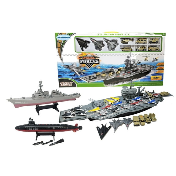 Toy Essentials Toy Aircraft Carrier Submarine Destroyer Ship Combo with Military Vehicles and Fighter Jets