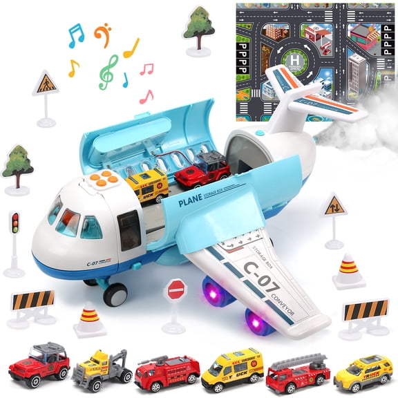 Toy Airplane with Smoke, Lights & Sounds, Friction Powered Plane Toy with Mini Cars for Kids, Great Christ Gift for Boys and Girls