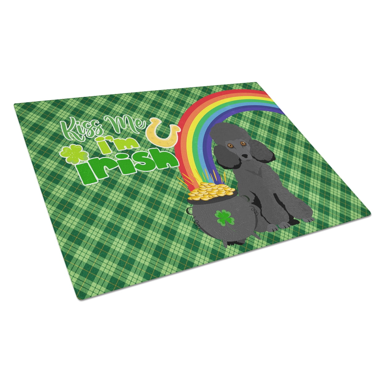 Toy Black Poodle St. Patrick's Day Glass Cutting Board Large 12 in x 15 in