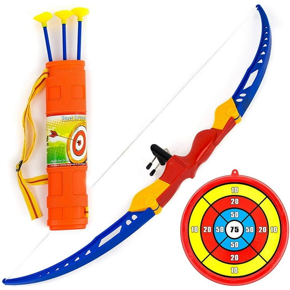 Toy Bow and Arrow for Kids - Practice Toy Archery Set Arrow Holder Target - Includes Shoulder Strapped Quiver and 3 Suction Cup Arrows,
