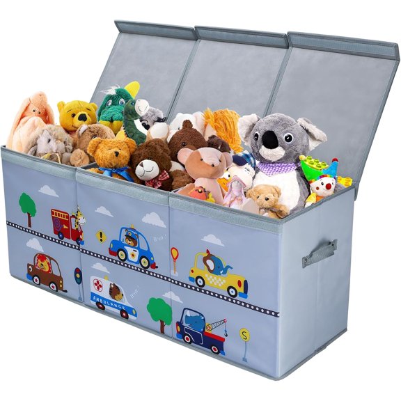 Toy Box Chest for Kids, Collapsible Oxford Toy Storage Box with Handles for Boys, Extra Large Sturdy Waterproof Toy Organiser for Bedroom Playroom, 37.7×12.5×15.7 Inch (Animal Cars)