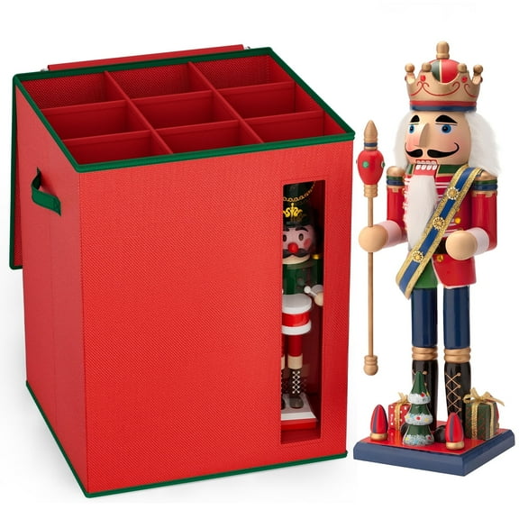 Christmas Nutcracker and Figurine Storage Box, Holds 9-16" Tall Nutcracker Ornaments, Foldable Holiday Decoration Organizer with Removable Dividers & View Window