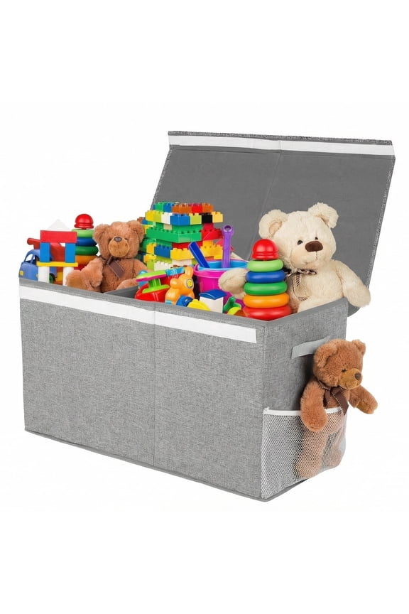110L Toy Box Chest Storage with Lid and Divider, Collapsible Toy Bin Organizer with 2 Side Pockets, Handles for Home Storage