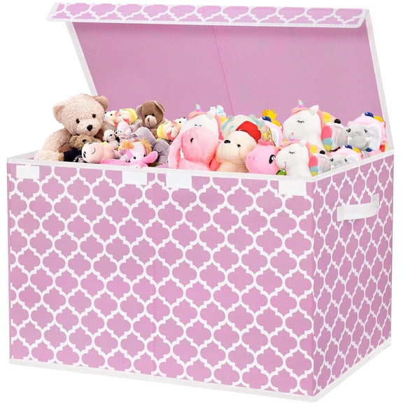 Toy Box for Girls, Kids - Large Toy Chest Organizers and Storage Boxes with Flip-Top Lid & Divider, Collapsible Container Bins for Playroom, Nursery, Closet, Living Room, 24.5"x13"x16", Pink
