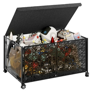 Toy Box Storage, Foldable Metal Kids Toy Chest with -Top Lid and Wheels for Bedroom Nursery Playroom,Black