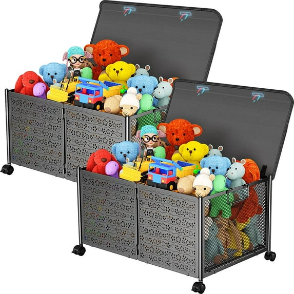 Toy Box Storage, Toy Chest Organizers, Large Toy Box for Boys, 70L Toy Storage Organizer with Wheels, Metal Toy Storage for Nursery (Black)