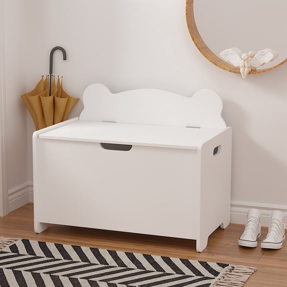 Toy Box Storage, Wooden Organizer Storage Chest with Safety Hinged Lid, Toy Chest Organizer for Playroom, Multi-Functional Storage Bench, White