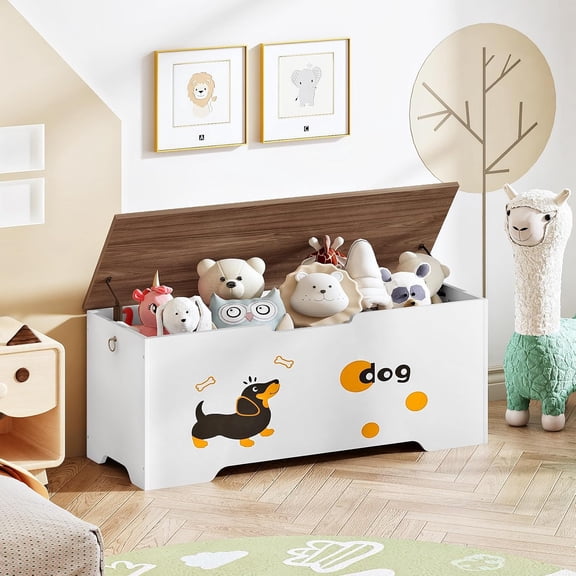 Toy Box, Toy Chest with 2 Safety Hinges, 43.3" Storage Bench, Wooden Storage Chest, for Entryway, Bedroom, Living Room, White and Walnut WH495CW01