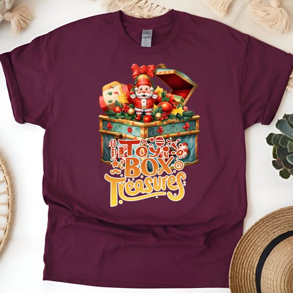 Toy Box Treasures Shirt | Vintage Christmas Toy Graphic Tee, Maroon, Size L