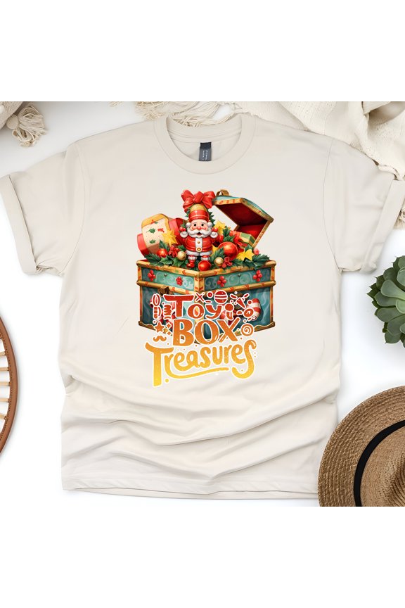 Toy Box Treasures Shirt | Vintage Christmas Toy Graphic Tee, Natural, Size L