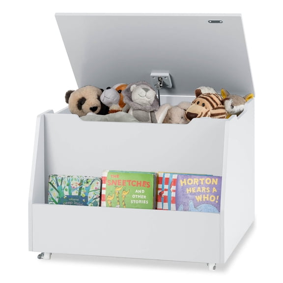 Toy Box Wooden Mobile Toy Storage Organizer w/Bookshelf & Lockable Wheels