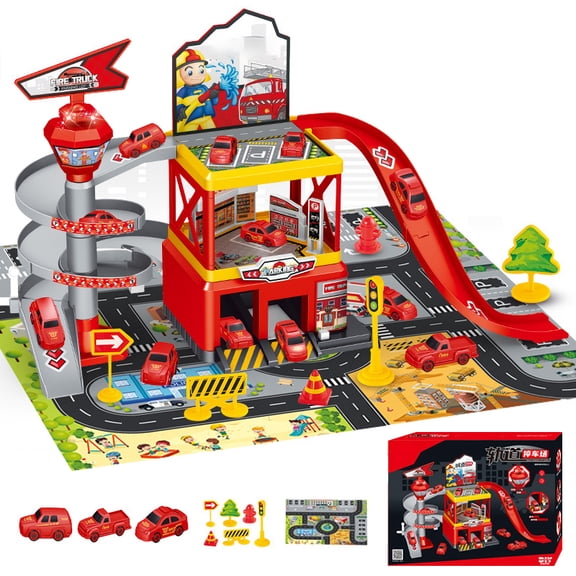CleverPanda Toy Car Garage Race Track Playset Red with 3 Mini Cars, Light and Sound Effects, 42 Piece, for Ages 3+