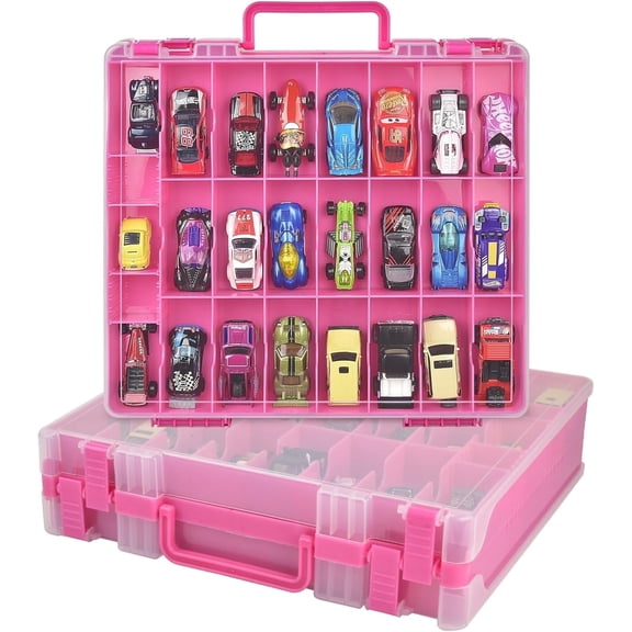 Toy Car Storage Organizer Case . Toys Display Container with 48 Compartments Double Sided-Pink (Box Only)