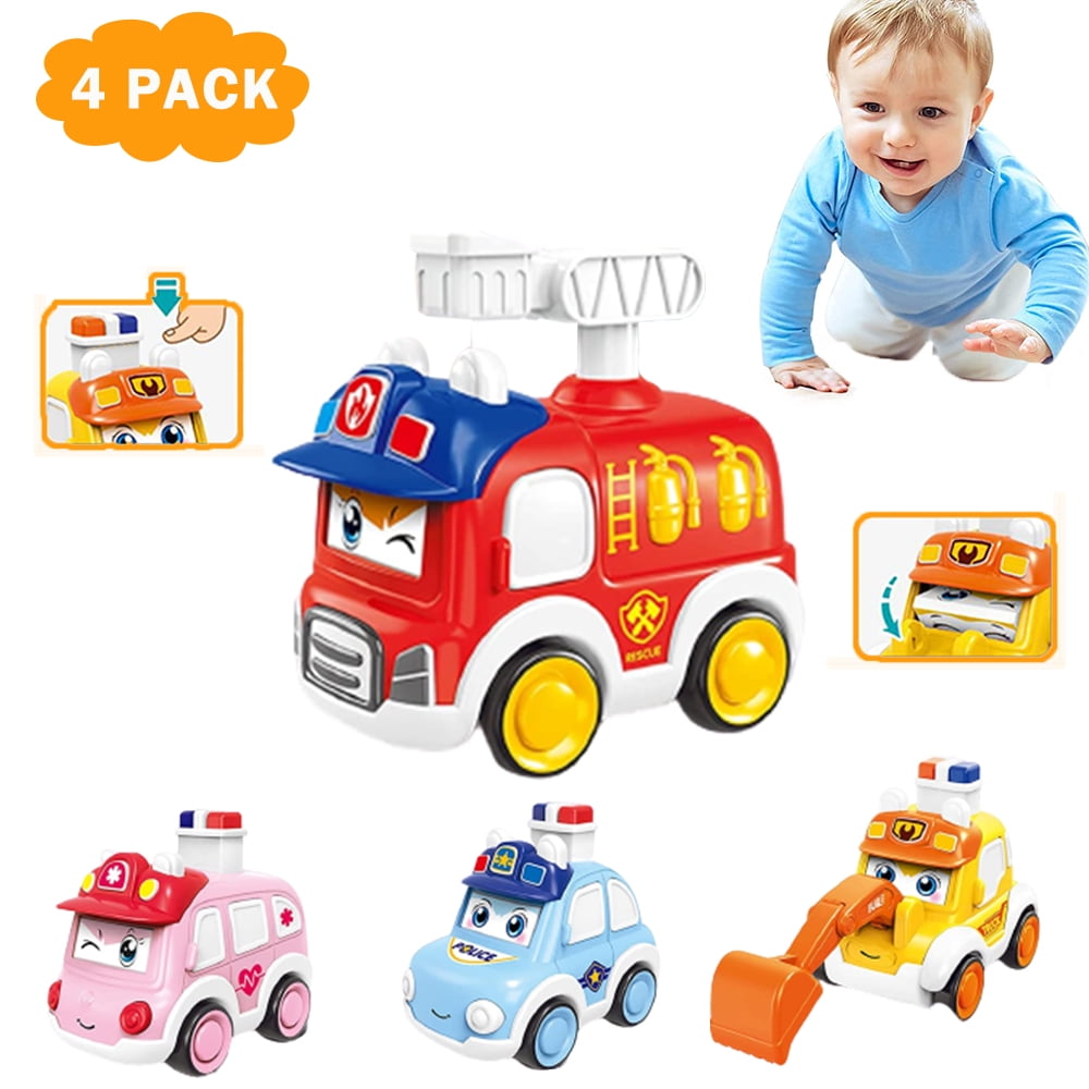 Toy Cars for 1 2 3 Year Old Boys, 4Pack Cartoon cute variable face pressing children's fun toy car, Friction Powered Pull Back Push and Go Cars Toys for Toddler Boys Baby Gift