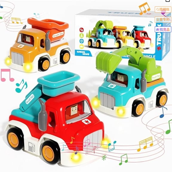 Toy Cars for Toddlers 1-3 Friction Powered Light Sound Mini Trucks (Excavator Dumper Fire Engine) Educational STEM Learning Toys for Boys and Girls Indoor Outdoor Play Preschool Gift,Yellow