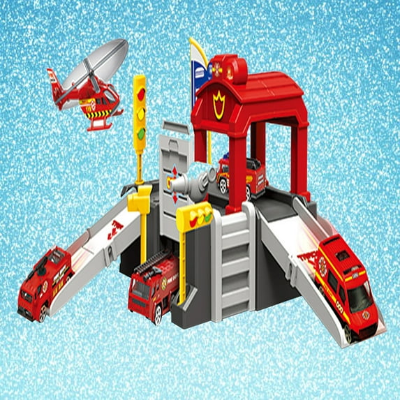 Toy Cars Two Level Parking Garage Set, Fast Helper Rescue Squad with Helicopter and Fire Truck for Kids