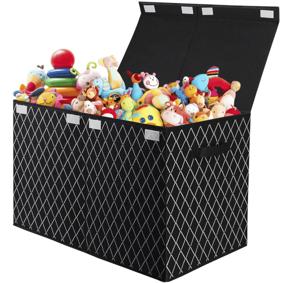 Toy Chest Box Storage Bins for Boys Girls, Kids Large Collapsible Sturdy Container Organizer with Fabric Flip-Top Lid & Handles for Clothes, Blanket, Nursery, Playroom, Bedroom 24.5x13x16 (Black)