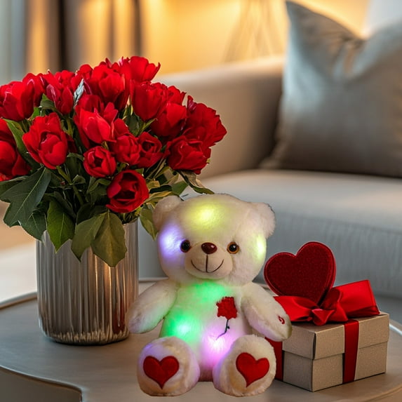 Toy Clearance! Light up Teddy Bear LED Stuffed Animal Soft Nightlight Glow Bear Plush Toy Gifts for Kids Mom Girls Birthday Christmas Mother' Day, 10", White