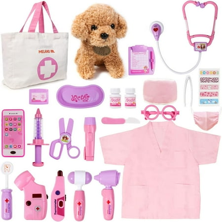 Toy Doctor Kit for Girls - Pretend Play Doctor Set with Dog Toy, Carrying Bag, Stethoscope Toy & Dress Up Costume - Doctor Play Gift for Kids Toddlers Ages 3 4 5 6 Year Old for Role Play