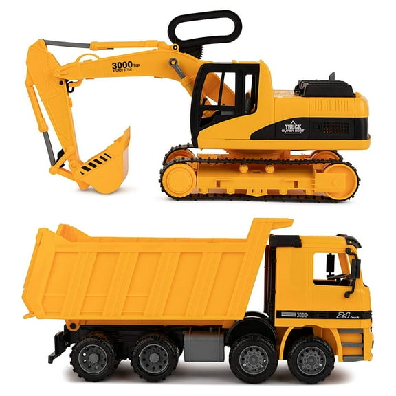 Toy To Enjoy Excavator & Dump Truck Toy for Kids (Set of 2) Moveable Claw & Lifting Back Garbage Truck & Bulldozer Digger Construction Vehicle for Kids & Children