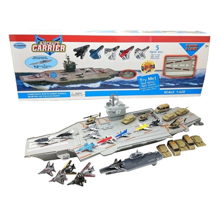 Toy Essentials Large Aircraft Carrier Toy with Catapult, Fighter Jets, and 12 Military Vehicles, Lights Up