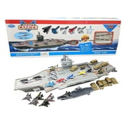 Toy Essentials Large Aircraft Carrier Toy with Catapult, Fighter Jets, and 12 Military Vehicles, Lights Up