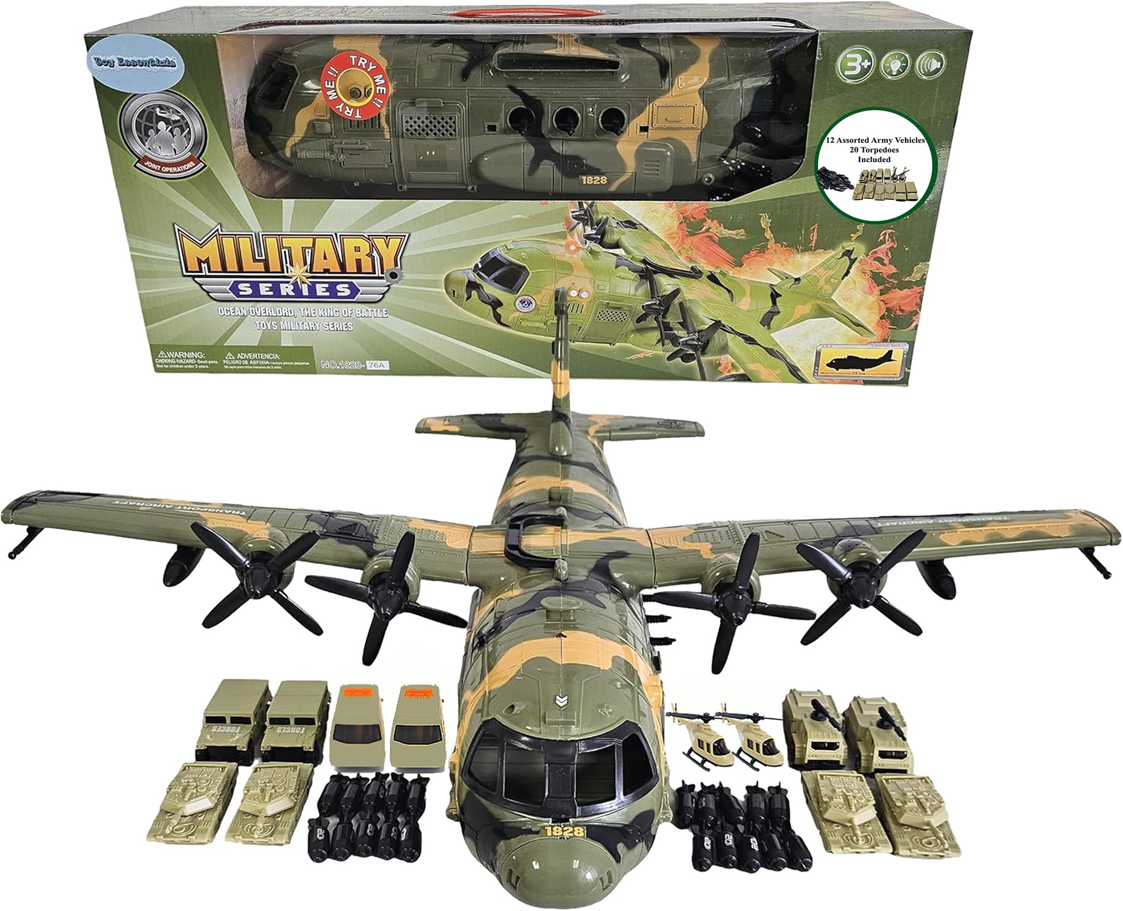 Toy Essentials Large Military 21-Inch Cargo Plane C130 Bomber Combat Air Force with Working Doors 20 Bombs and 12 Military Army Vehicles