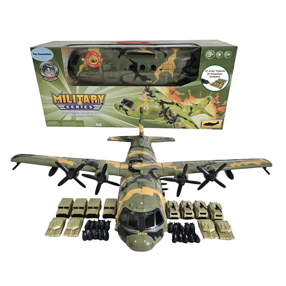 Toy Essentials Large Military 21-Inch Cargo Plane C130 Bomber Combat Air Force with Working Doors 20 Bombs and 12 Military Army Vehicles