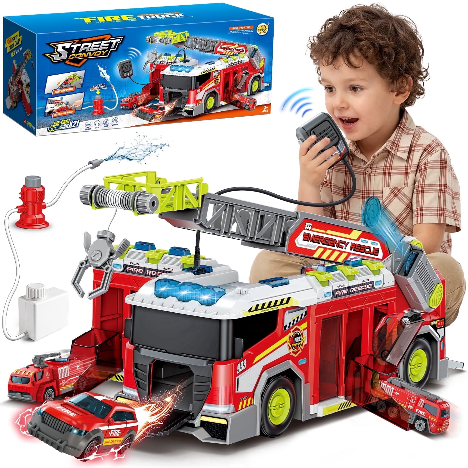 Carsky Fire Truck Toy with Storage Track, Lights & Sound Rescue Playset, City Garage Carrier Truck with Megaphone & Mini Cars, Role Play Gift Toys for Boys Girls