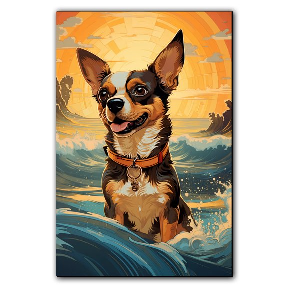 Toy Fox Terrier Canvas Wall Art Framed Great Wave Oil Painting Stretched and Framed Artsy Romantic Wall Paintings Girlfriend gift for Living Room Bedroom Bathroom Office Wall Décor