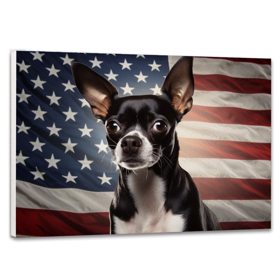 Toy Fox Terrier Dog Canvas with American Flag Canvas Wall Art Dog Canvas Pictures for Wall Decor Red White Blue Flag of USA Patriotic Painting Print for Living Room Bedroom Office Ready to Hang