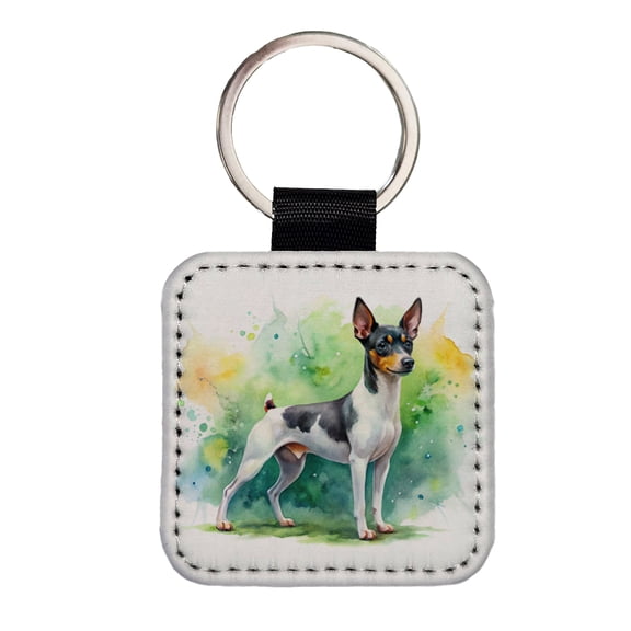 Toy Fox Terrier Dog Watercolor Style Faux Leather Square Keychain
