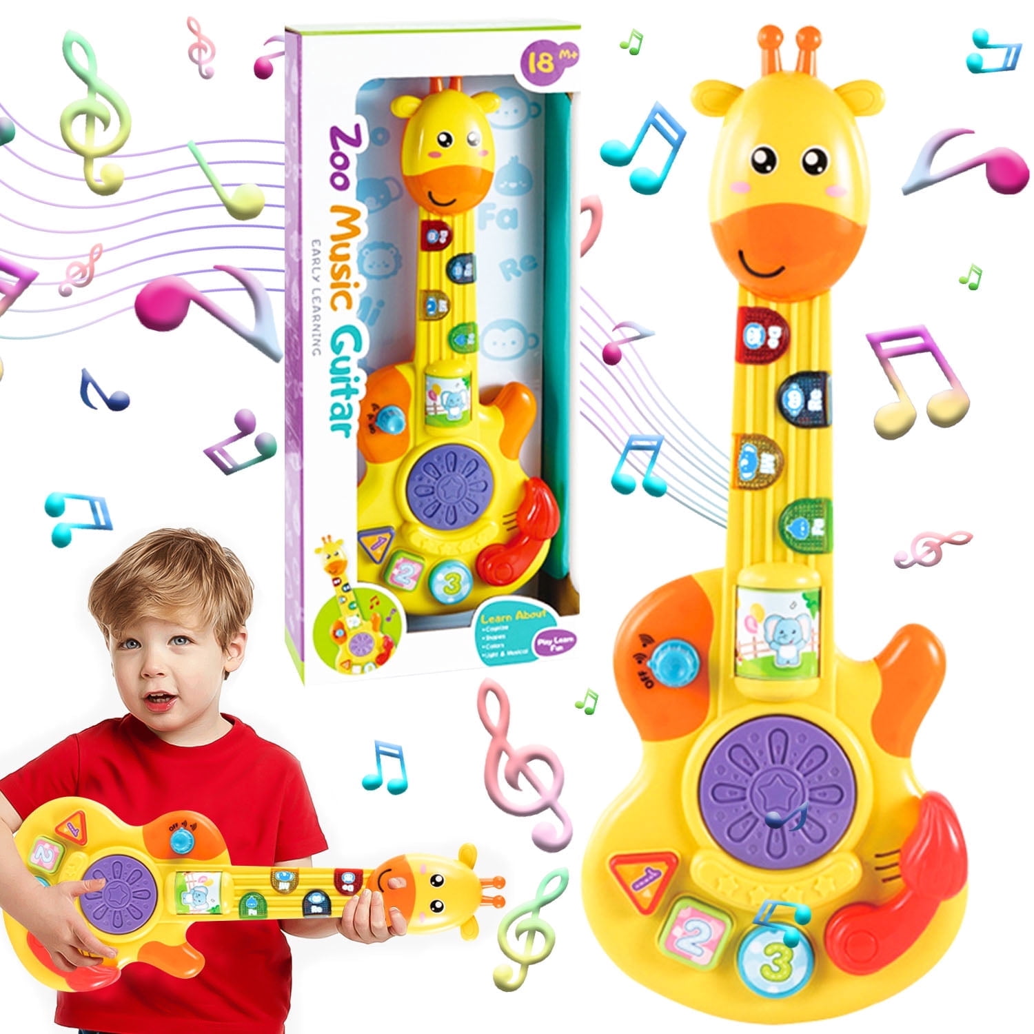 Toy Guitar for Toddlers, Kids Guitar Toys with Music & Colorful Light, Musical Instrument Toys for 1+ Year Old Girls Boys