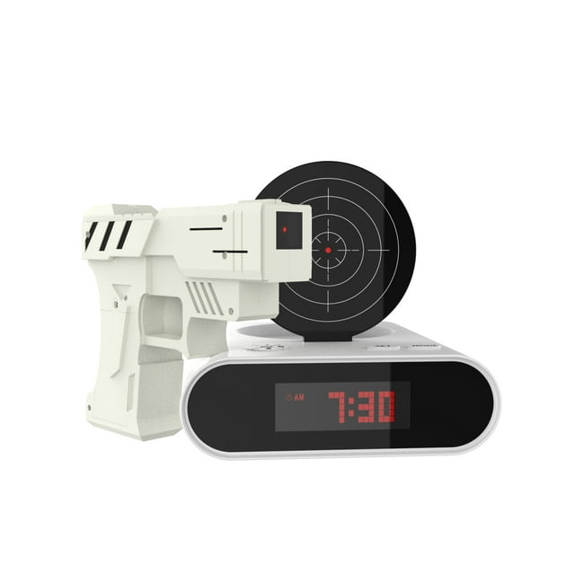 Toy Gun Alarm Clock Game-Infrared Laser Activated Snooze Target, Record Personalized Alarm, 12 Hour Digital Display, Sound Effect by TM Games