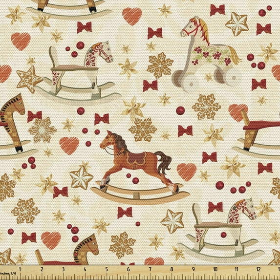 Ambesonne Horses Fabric by the Yard Upholstery, Christmas Theme, 3 Yards, Multicolor