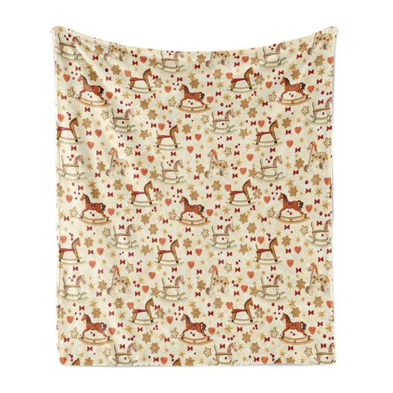 Toy Horse Soft Flannel Fleece Blanket, Vintage Rocking Horse Toy with Star and Bow Tie Grunge Elements Christmas Theme, Cozy Plush for Indoor and Outdoor Use, 50" x 60", Multicolor, by Ambesonne