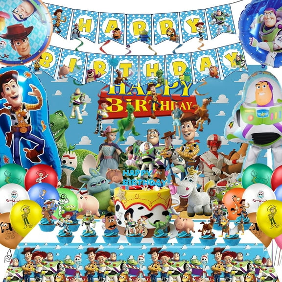 Toy Inspired Story Party Decorations, Toy Inspired Story Birthday Party Supplies, Include Happy Birthday Banner, Backdrop, Tablecloth, Balloons, Cake Toppers,  Hanging Swirls, for Kids Party