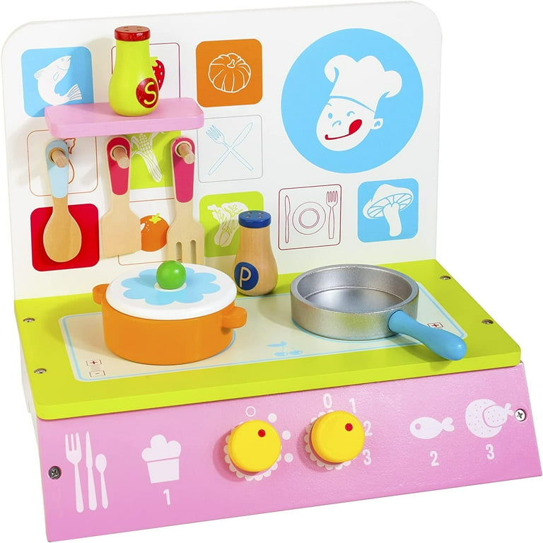 Toy Kitchen Set for Kids, Wooden Kitchen Playset with Pot Pan