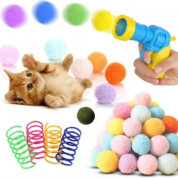 Toy Launcher Gun,Cat Balls Fetch Toy,60Pcs Plush Fuzzy Balls Launcher Cat Toy for Cats with 1 Gun,Funny Interactive Cat Toys for Bored Indoor Adult Cats