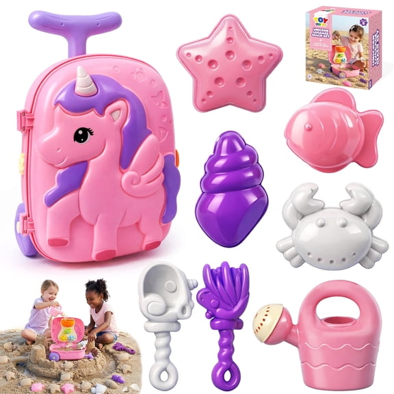 Toy Life Rolling Unicorn Sand Toy Beach Toy Set for Kids – Water Play Luggage with Wheels, Bucket, Shovel, Rake & 4 Sand Molds, Outdoor Sand Toy Travel Case