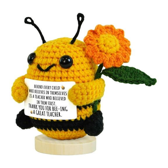 Handmade Crochet Teacher Doll with Inspirational Message Card and Wooden Base for Graduation Appreciation