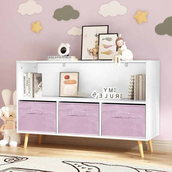 Toy Organizer Cabinet with Bookcase, Kids Bookshelf with Collapsible Fabric Drawers for Playroom Bedroom Living Room, Pink