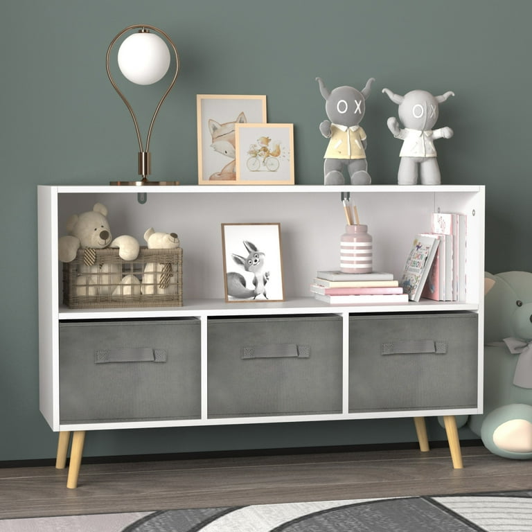 Toy Organizer for Kids Corner Bookcase with 3 Collapsible Fabric