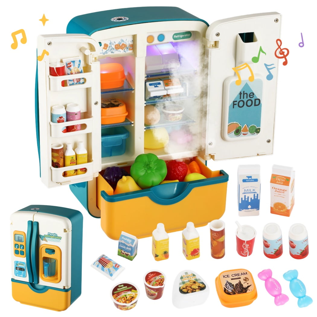 Toy Refrigerator with Mini Food Set, Dollhouse Refrigerator with Ice Dispenser Music Light Spray Effect, Bottles Fruits Food Set Kitchen Toys, Pretend Play Kitchen Playset for 4-6 Years Old