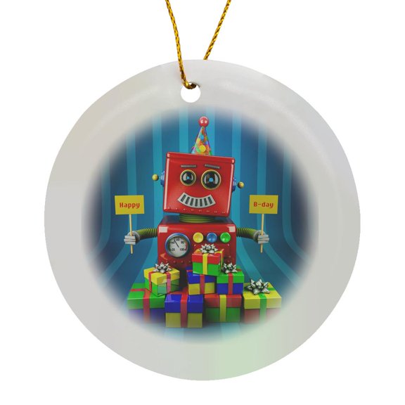 3drose, Toy Robot Celebrating a Birthday with Lots of Presents, Circle Porcelain Ornament